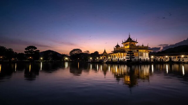 Mandalay Palace at dusk reflective water scene Myanmar