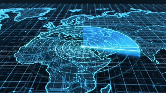 Holographic radar scan over digital map of Africa and Europe with glowing grid and data points, signal rings and hologram data panels scanning continents, futuristic technology scan
