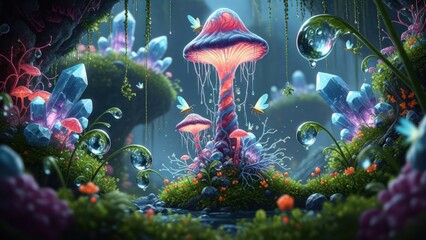 Enchanting Bioluminescent Mushroom Forest with Glowing Crystals, Ethereal Stream, and Magic Water Droplets in Fantasy World