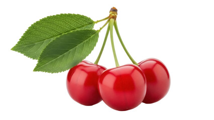 Three red cherries with green leaves isolated PNG, fresh summer fruit on transparent background for healthy eating and dessert concepts