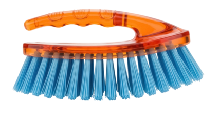 Orange and blue scrub brush PNG isolated on transparent background, cleaning tool for household chores and scrubbing tasks