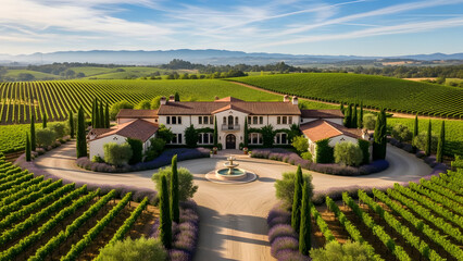 Grand vineyard estate with a luxurious mansion, formal gardens, and extensive rows of grapevines under a clear blue sky.