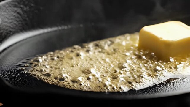 A cube of yellow butter melts and sizzles in a hot pan