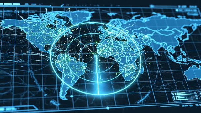 Global digital world map radar network overlay highlighting data clusters and connection lines across continents with glowing radar sweep and gridline display conveying dynamic monitoring