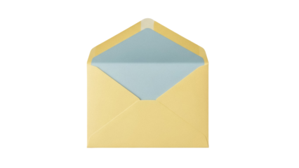 Open yellow envelope PNG isolated on transparent background, stationery for sending letters and invitations, communication and correspondence