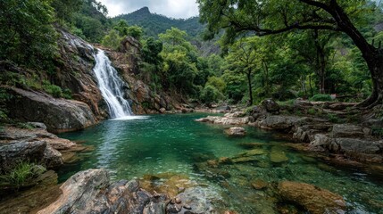 Tropical waterfall surrounded by lush jungle, refreshing paradise energy