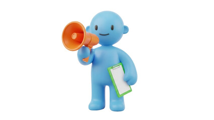 Blue cartoon character with megaphone and clipboard isolated PNG, 3D rendering of a cute figure for marketing and communication