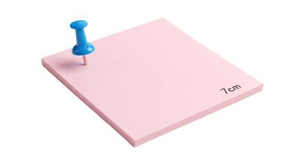 Pink sticky note with blue push pin isolated PNG, square memo pad for reminders and organization on transparent background © Emilija