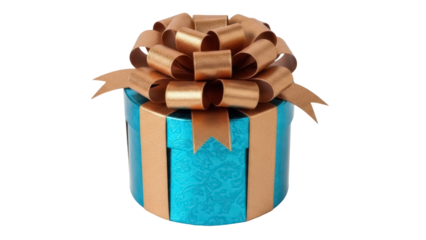 Teal gift box with gold ribbon and bow isolated PNG, present for birthday or special occasion on transparent background