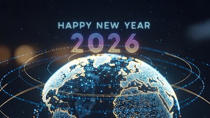 Happy new year 2026 celebration with glowing globe and digital rings on dark background with futuristic lighting effects