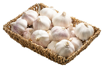 Dry garlic bulbs in woven bamboo basket isolated on white background with clipping path PNG File.