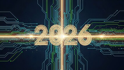 Glowing golden circuit board design with 2026 text overlay for futuristic technology and innovation concepts in business and science