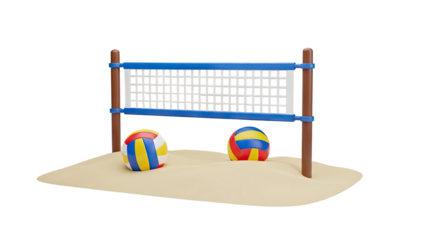 3D Volleyball Net with Balls on Sandy Beach on transparent background