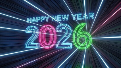 Happy new year 2026 neon sign with colorful glowing numbers and lines on dark background