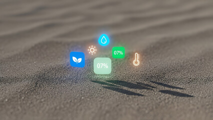 Eco friendly technology icons on sandy beach with sustainability symbols