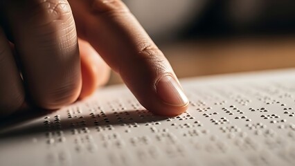 A close-up shot of a person's finger reading Braille text on a white page