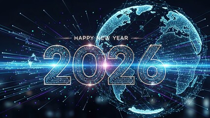 Happy new year 2026 global celebration with futuristic digital earth background and sparkling light trails