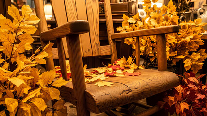 Cozy wooden rocking chair adorned with vibrant autumn leaves, evoking a sense of warmth and seasonal change