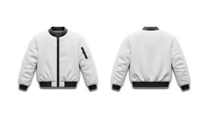3D White Bomber Jacket Front and Back View on transparent background