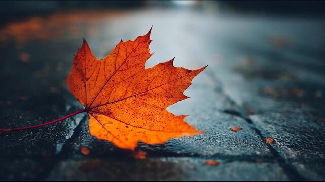 Cinematic close-up of vibrant orange autumn maple leaf lying on wet dark asphalt street