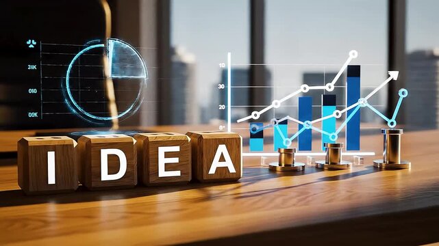 Business idea and growth visualization, Wooden table with blocks spelling IDEA, alongside digital graphs and charts representing business growth