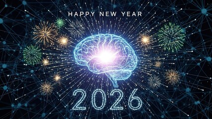 Happy new year 2026 glowing brain with fireworks exploding in the background, representing innovation and celebration
