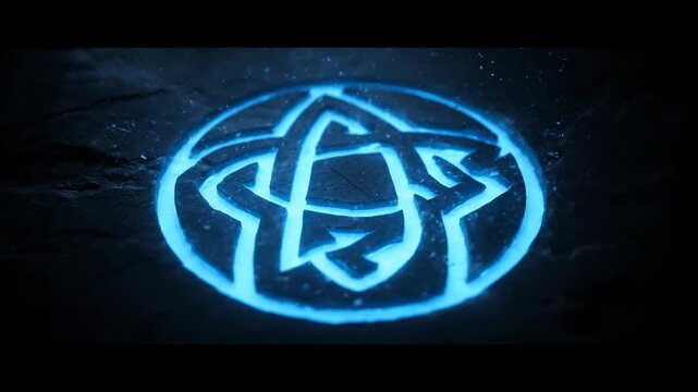 Mystical Blue Glowing Symbol Carved in Stone Ancient Magic Concept