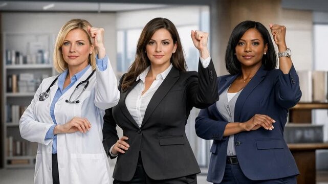 A united front of three confident professional women, comprising a doctor and business executives, raising fists to embody the concept of female empowerment and success