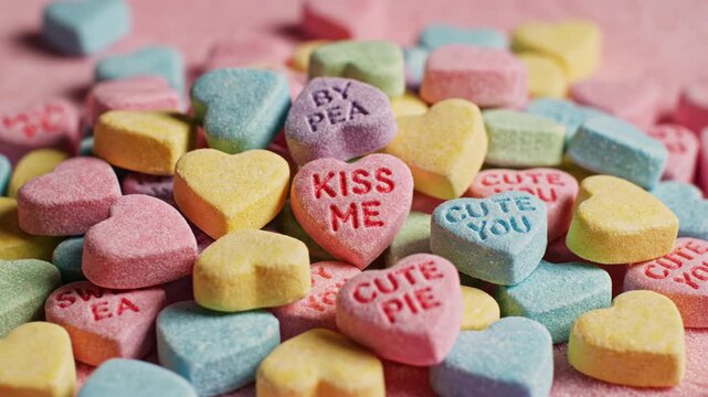 Kiss me candy heart Valentine candy heart pastel candy heart conversation candy heart sugary heart candy romantic candy heart colorful heart shaped conversation candy scattered pink surface with