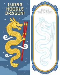 A vibrant illustration of the Lunar Noodle Dragon holding chopsticks, combining elements of Asian culture and mythology. Perfect for festivals and celebrations.