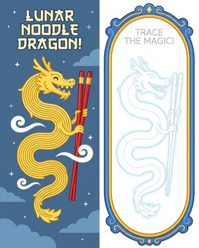 A vibrant illustration of the Lunar Noodle Dragon holding chopsticks, combining elements of Asian culture and mythology. Perfect for festivals and celebrations.