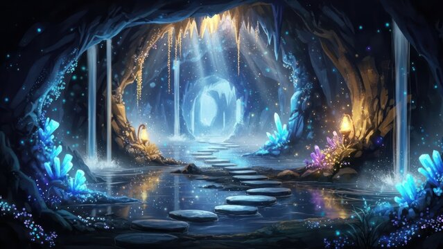 Mystical Fantasy Cave Landscape with Glowing Blue Crystals, Waterfalls, and Stepping Stones under Ethereal Light