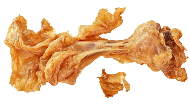 Fried chicken carcass crispy leftover bones food waste concept isolated on white background close up detail