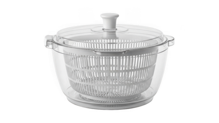 Clear plastic salad spinner with white lid and handle on transparent background