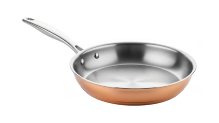 Copper frying pan with stainless steel handle and interior isolated on transparent background