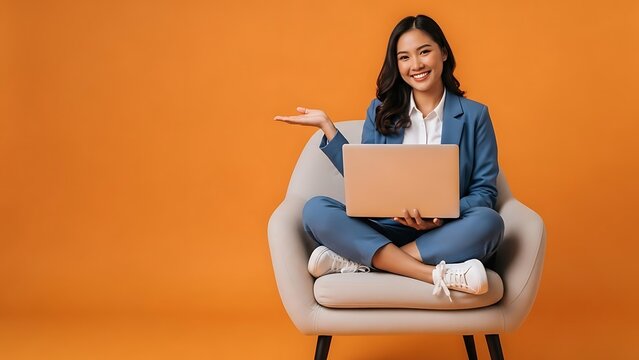 Smiling Asian businesswoman in a blue suit sits with a laptop, gesturing confidently on an orange background. Ideal for business, tech, education, and presentations. - Powered by Adobe
