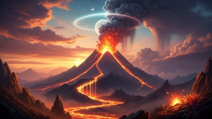 Powerful volcanic eruption unleashing rivers of vibrant molten lava down a mountain, set against a dramatic fiery sunset sky