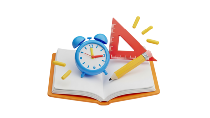 3D School Supplies and Alarm Clock on an Open Book on transparent background