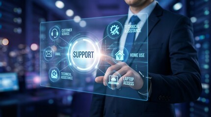 Business professional interacting with a futuristic holographic interface displaying support options.