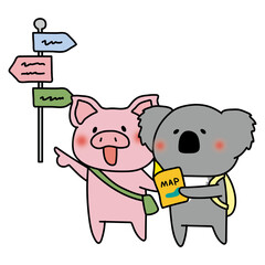 マップを見ながら観光するぶたとコアラ