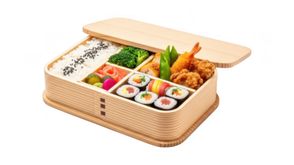Delicious japanese bento box with sushi and fried shrimp on transparent background