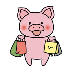 たくさんの買い物をしているぶた