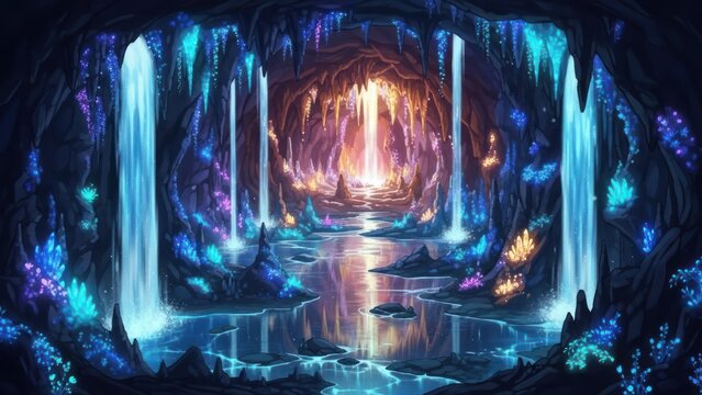 Mystical fantasy cave with luminous crystals, cascading waterfalls, and reflective pools creating a magical underground world. - Powered by Adobe
