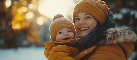 Mother Holding Baby in Snowy Forest