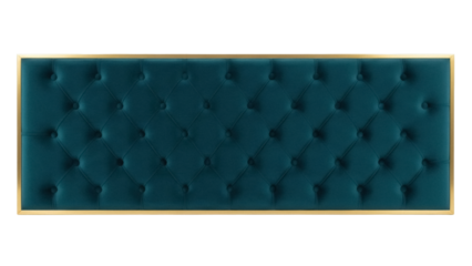 Tufted teal headboard with gold frame isolated on transparent background, luxurious furniture for bedroom interior design PNG