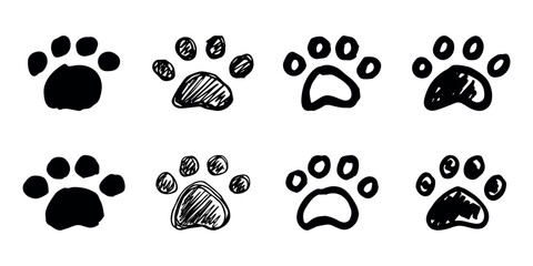 Fototapeta premium Set of hand drawn cute cat's paw Cat, dog, animal footprint in doodle style Single element for print, web, design, decor, greeting cards, children's prints