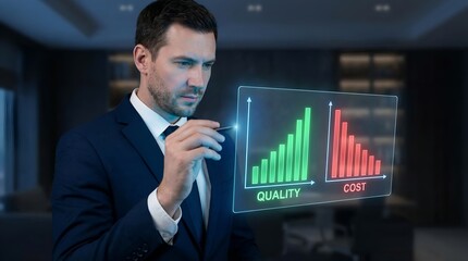 Businessman analyzing financial data on a futuristic holographic display.