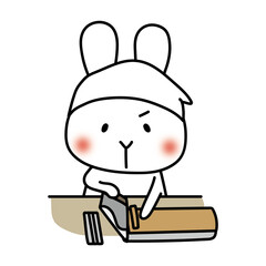 そば打ちをする白いうさぎ
