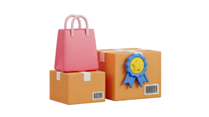 3D Shopping bag and boxes with award ribbon and barcode on transparent background