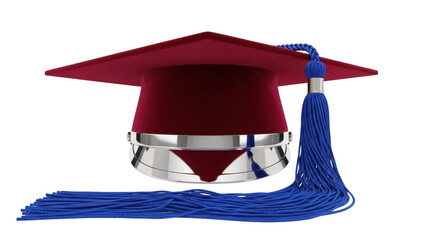 Maroon graduation cap with blue tassel isolated PNG, academic mortarboard for graduation ceremony and educational achievement